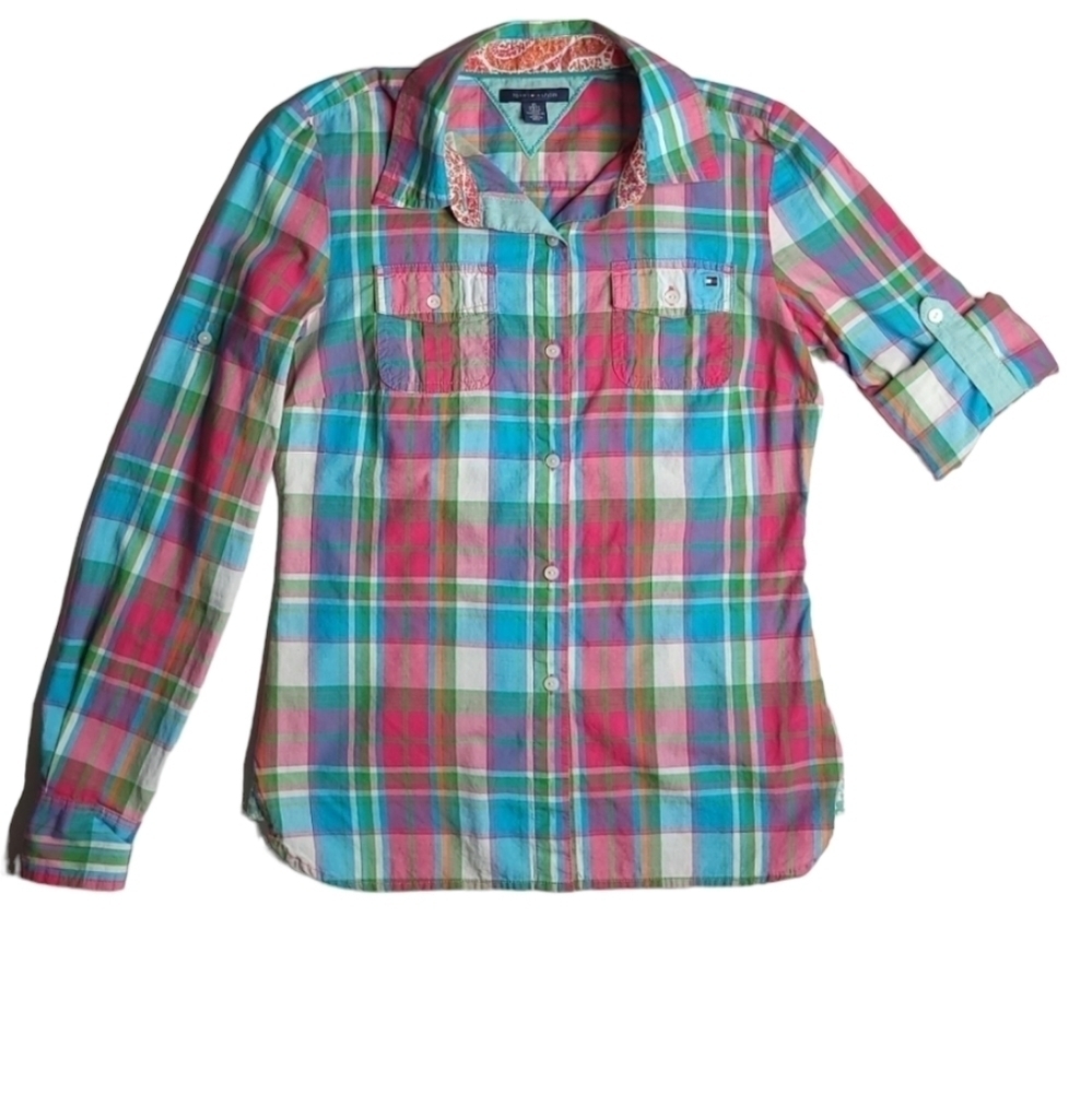 Tommy Hilfiger Preppy Button-down Shirt Turquoise Fuchsia Picnic Plaid women XS